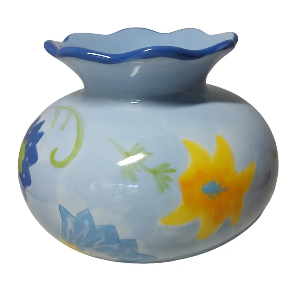 Vintage Kimberly Hodges Hallmark Vase Hand Painted Blue Floral Scalloped‎ Edge